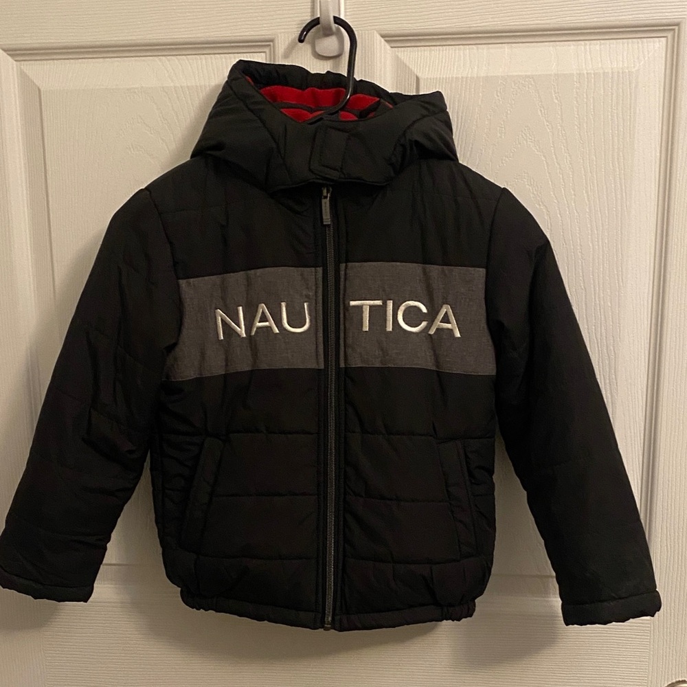 Nautica Kids Black Puffer Jacket with Gray Stripe